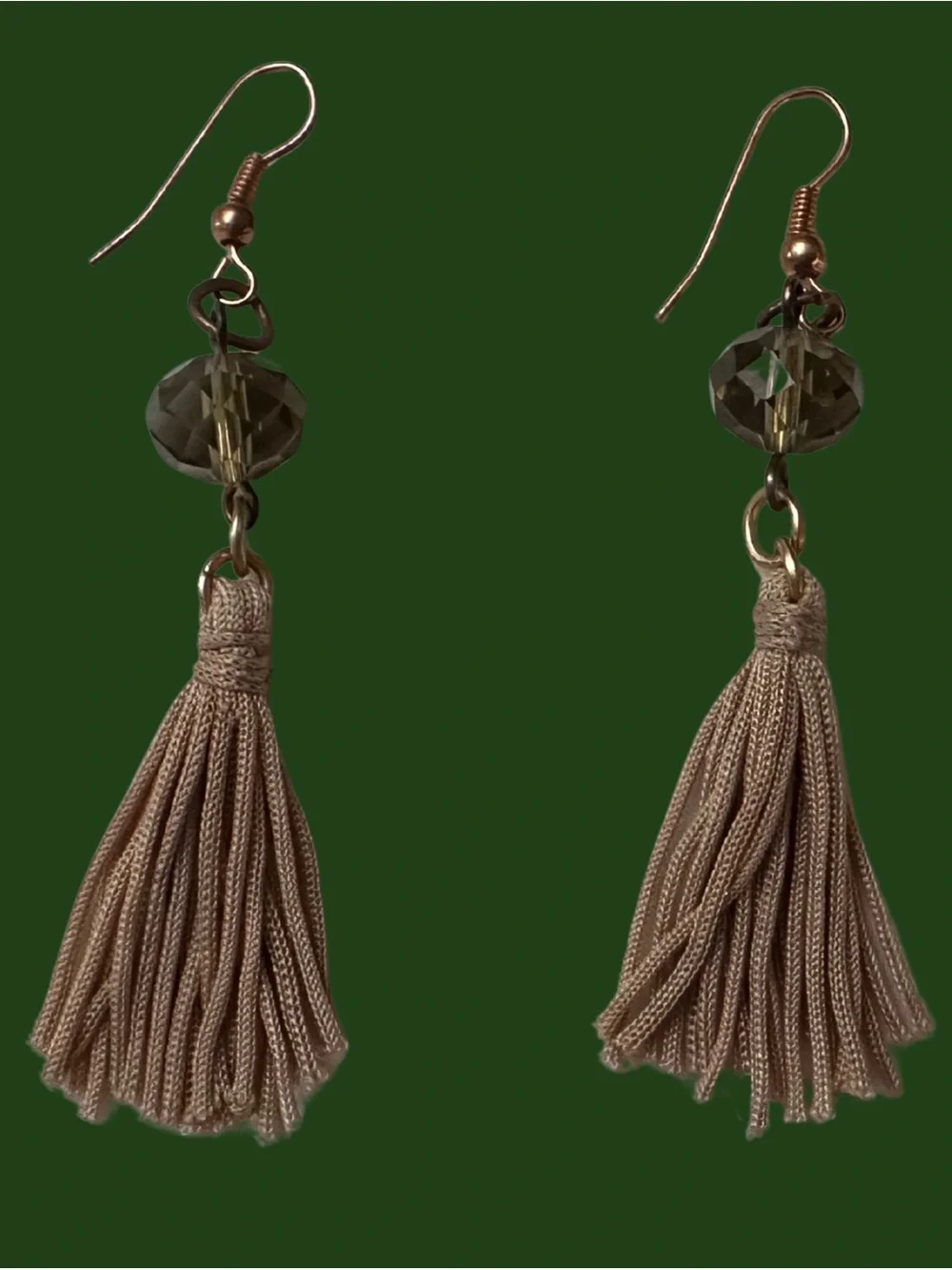 Neutral Taupe Tassel Earrings with Faceted Smoky Bead